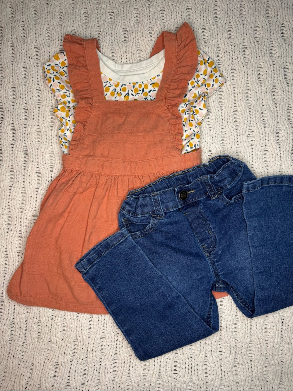 2T Bundle: Kids Orange Pinafore Dress, Pattern Top, and Blue Denim Jeans